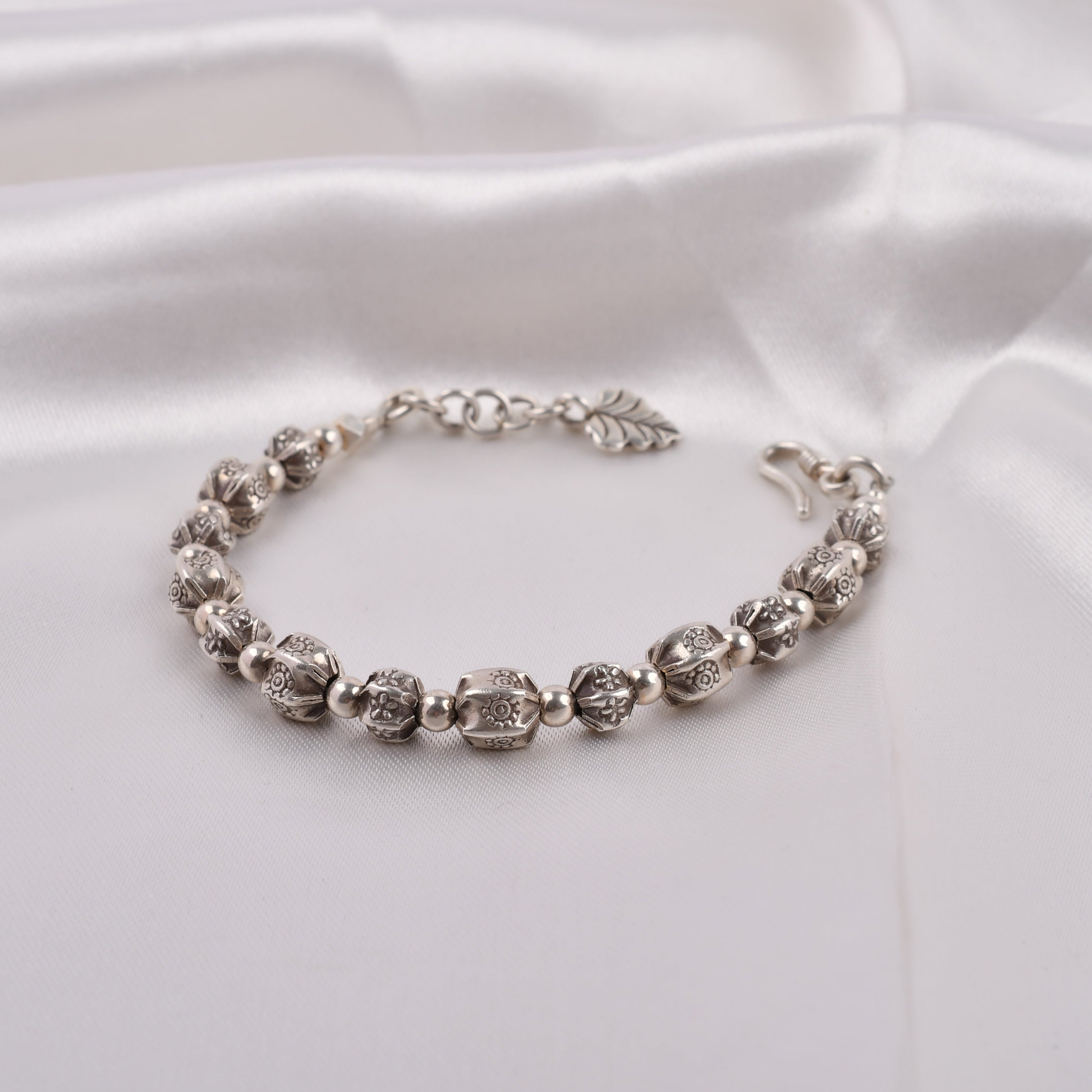 Engraved Bead Silver Bracelet